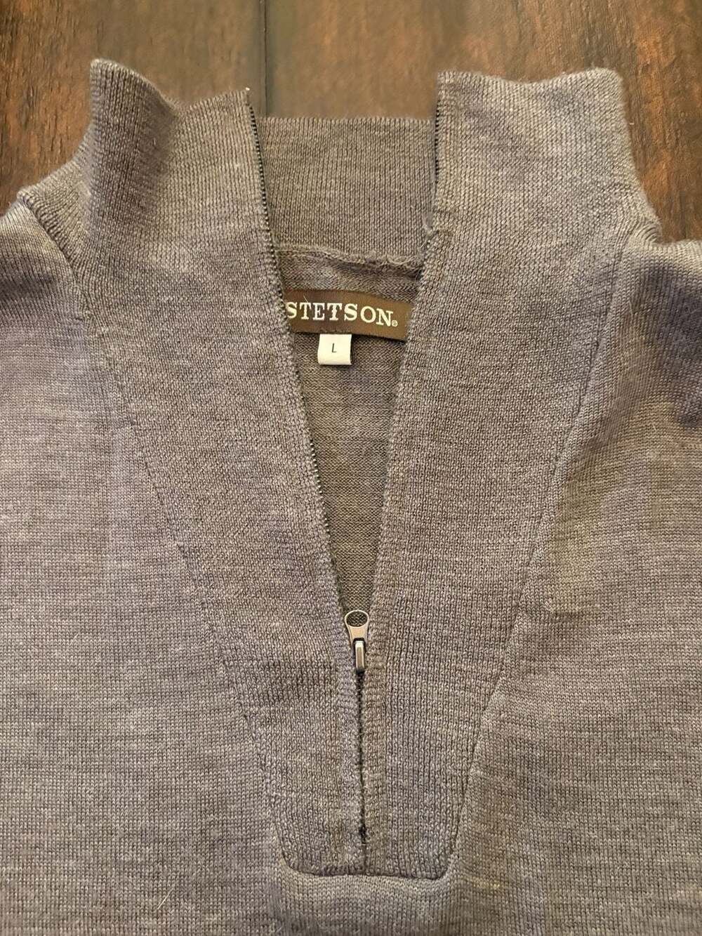 Stetson 1/4 Zip Sweater Size L Gray Merino Wool Elbow Patches